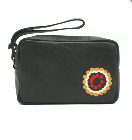Embroidered Black LeatherToiletry Bag - Rama Sampson