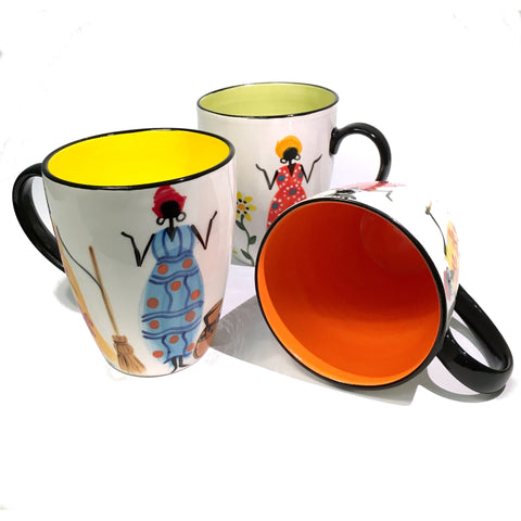 three Kapula handmade & hand painted ceramic mugs - white background with african ladies motif - Shop Fair Trade, Handmade, Ethical Gifts and homewares at ONLY JUST 