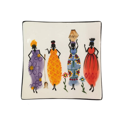 Kapula handmade & handpainted square ceramic plate - white background with african ladies motif - Shop Fair Trade, Handmade, Ethical Gifts and homewares at ONLY JUST 