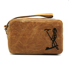 Embroidered Tan Leather Toiletry Bag - Cedric Varcoe