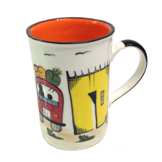 Kapula handmade & hand painted ceramic mug - white background with african township motif - Shop Fair Trade, Handmade, Ethical Gifts and homewares at ONLY JUST 