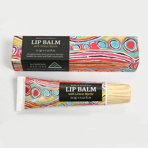 Alperstein Designs Fair Trade Gifts - Australian Made Lemon Myrtle Lip Balm - Aboriginal Art Print design by Artist Judy Napangardi Watson