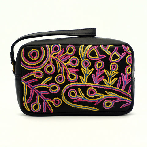 Embroidered Black Leather Toiletry Bag - Theo Hudson