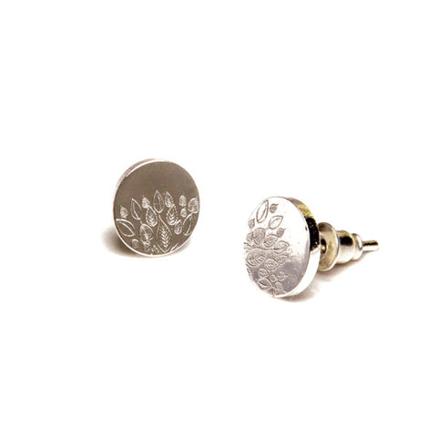 Eden Leaves of Healing earrings - silver round studs with leaf engravings - Shop Ethical Jewellery & Fair Trade Gifts Melbourne at ONLY JUST 