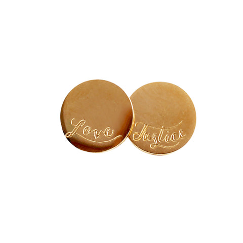 Eden Love & Justice Earrings - gold plated studs with engraved words love and justice - Shop Ethical Jewellery & Fair Trade Gifts Melbourne at ONLY JUST 