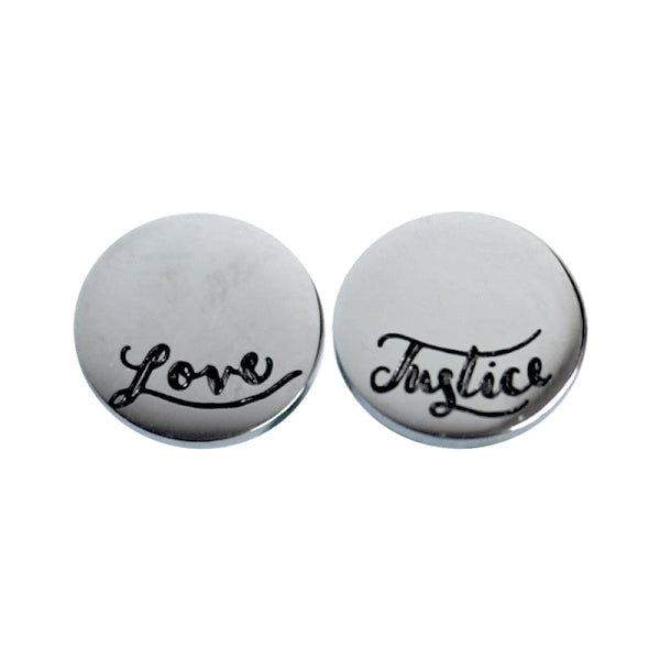 Eden Love & Justice Earrings - silver studs with engraved words love and justice - Shop Ethical Jewellery & Fair Trade Gifts Melbourne at ONLY JUST 