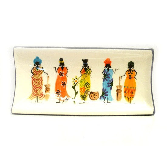Kapula handmade & hand painted rectangular ceramic dish - white background with african ladies motif - Shop Fair Trade, Handmade, Ethical Gifts and homewares at ONLY JUST 