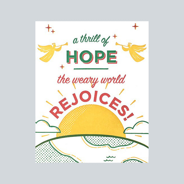 Fair trade handprinted card depicting a sunrise and angels in yellow, green and red with message "a thrills of hope. The weary world rejoices"