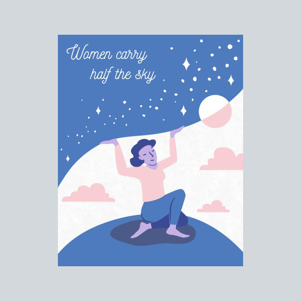 Fair trade handprinted card in blues and pinks depicting a a sitting woman holding the sky. Message reads "women carry half the sky"