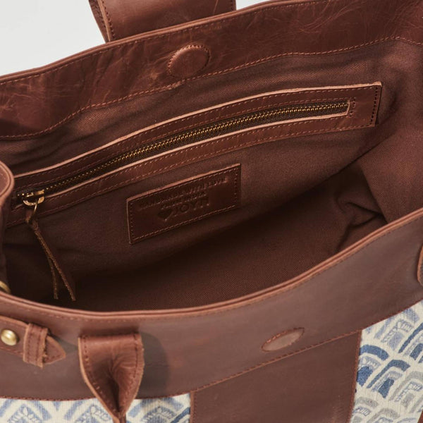 Inside view of brown leather handbag