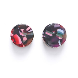 round resin stud earring with blue and pink pattern