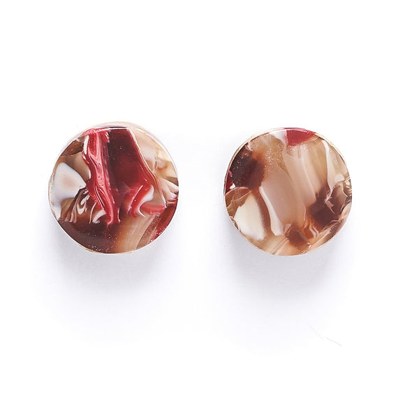 round resin stud earring with beige and pink pattern