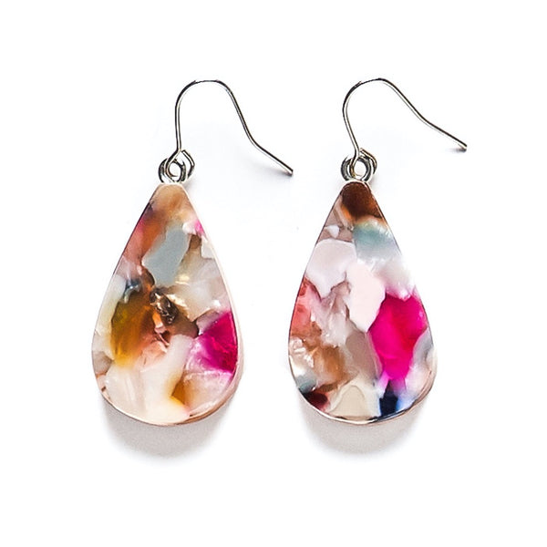 Colourful teardrop resin earrings in abstract brown, white and pink patterns