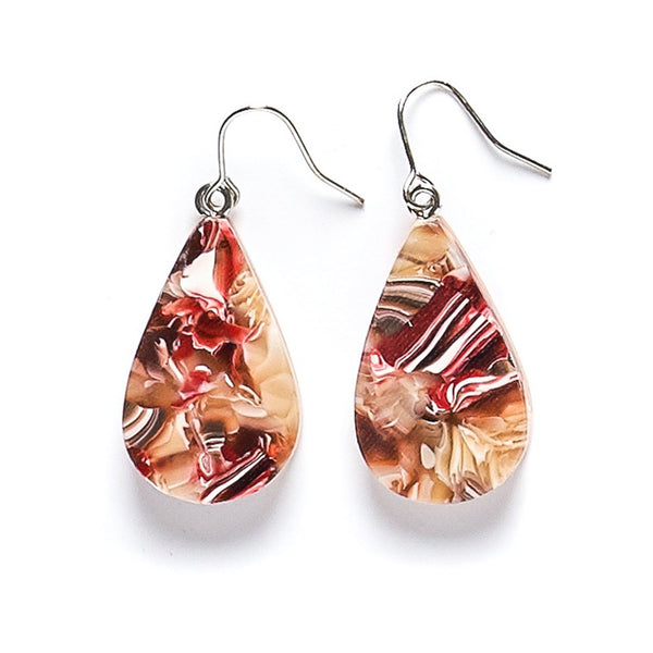 Colourful teardrop resin earrings in abstract red, brown and red patterns
