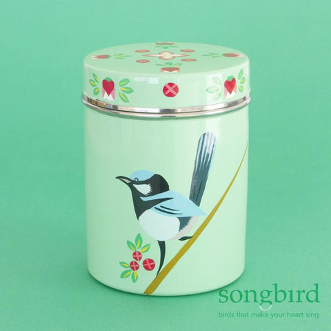 Songbird Superb Fairy Wren & Boronia Hand-Painted Enamelware  Canister - India